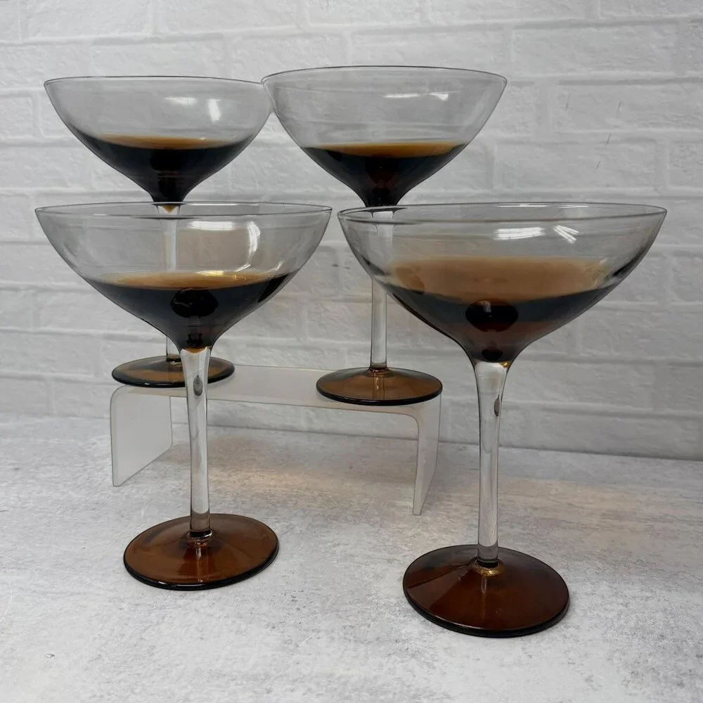 Set 4 Pier 1 Elemental Amber Brown Smoke Hand Blown Coupe Cocktail Glasses